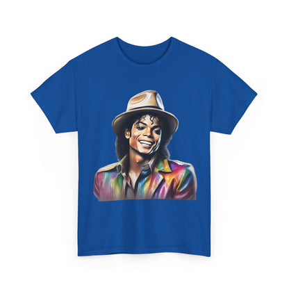 Luxurious Art Tee in vibrant blue showcasing a close-up portrait of Michael Jackson, radiating charm and artistry for fans of the King of Pop.