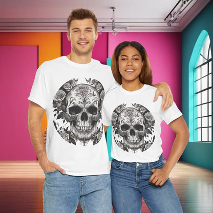 Skulls and Roses Cotton Tee displayed by a couple, showcasing an elegant unisex graphic shirt design with intricate skulls and roses, perfect for alternative fashion enthusiasts.
