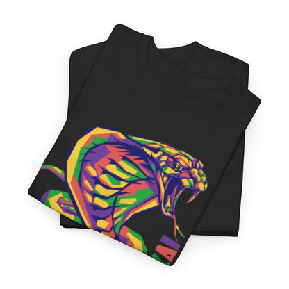 Elegantly folded black Cobra Kai T-shirt with a bold, colourful snake graphic, representing superior craftsmanship and a playful twist on martial arts wear.