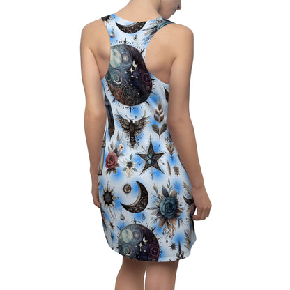 Chic Women's Designer Racerback Dress displayed from the back, highlighting its luxurious blue fabric and artistic floral and celestial prints, perfect for casual outings and summer gatherings.