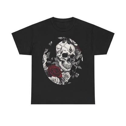 Skulls and Roses Cotton Tee, Unisex Graphic Shirt featuring a bold steampunk design with a detailed skull surrounded by roses on a sleek black background.