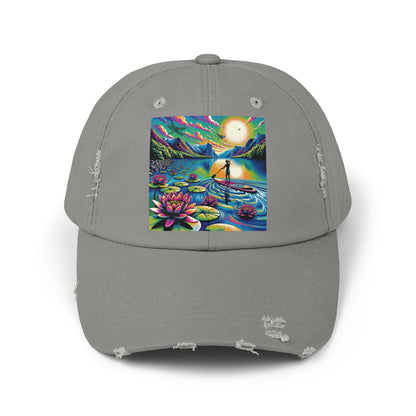 Unisex Distressed Paddleboarders Cap featuring a vibrant paddleboarding scene and colourful lotus flowers, crafted for water enthusiasts seeking stylish headwear.