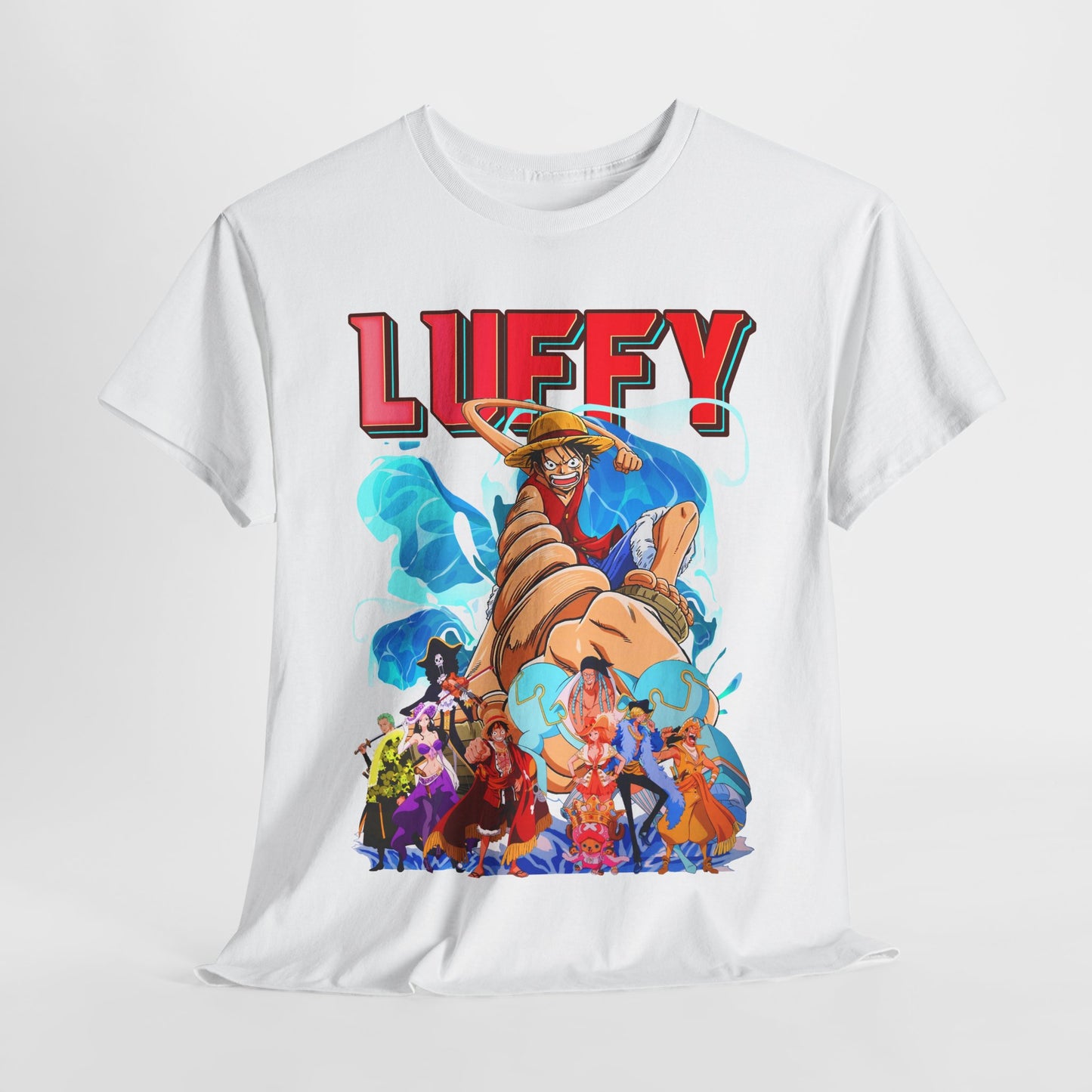 Stylish white t-shirt elegantly displayed, showcasing a captivating graphic design of Luffy, accentuating the essence of adventure, ideal for those who appreciate unique fashion.