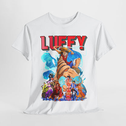 Stylish white t-shirt elegantly displayed, showcasing a captivating graphic design of Luffy, accentuating the essence of adventure, ideal for those who appreciate unique fashion.