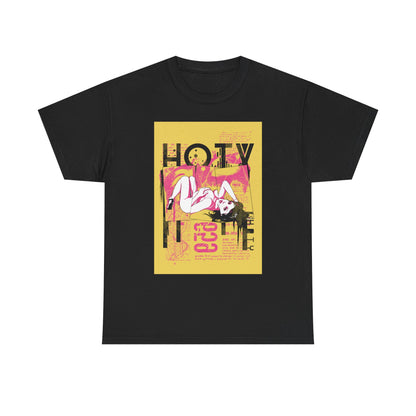 Luxury men's t-shirt featuring a bold 'HOTY' graphic design with vibrant colours on a black background, showcasing stylish street art influences.