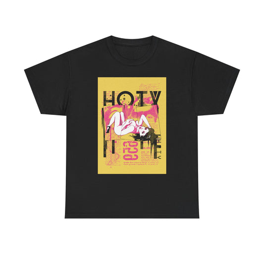 Luxury men's t-shirt featuring a bold 'HOTY' graphic design with vibrant colours on a black background, showcasing stylish street art influences.