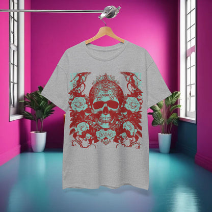 Skulls and Roses Cotton Tee elegantly displayed in a luxurious interior, showcasing its stunning graphic of skulls intertwined with roses in a refined grey tone.