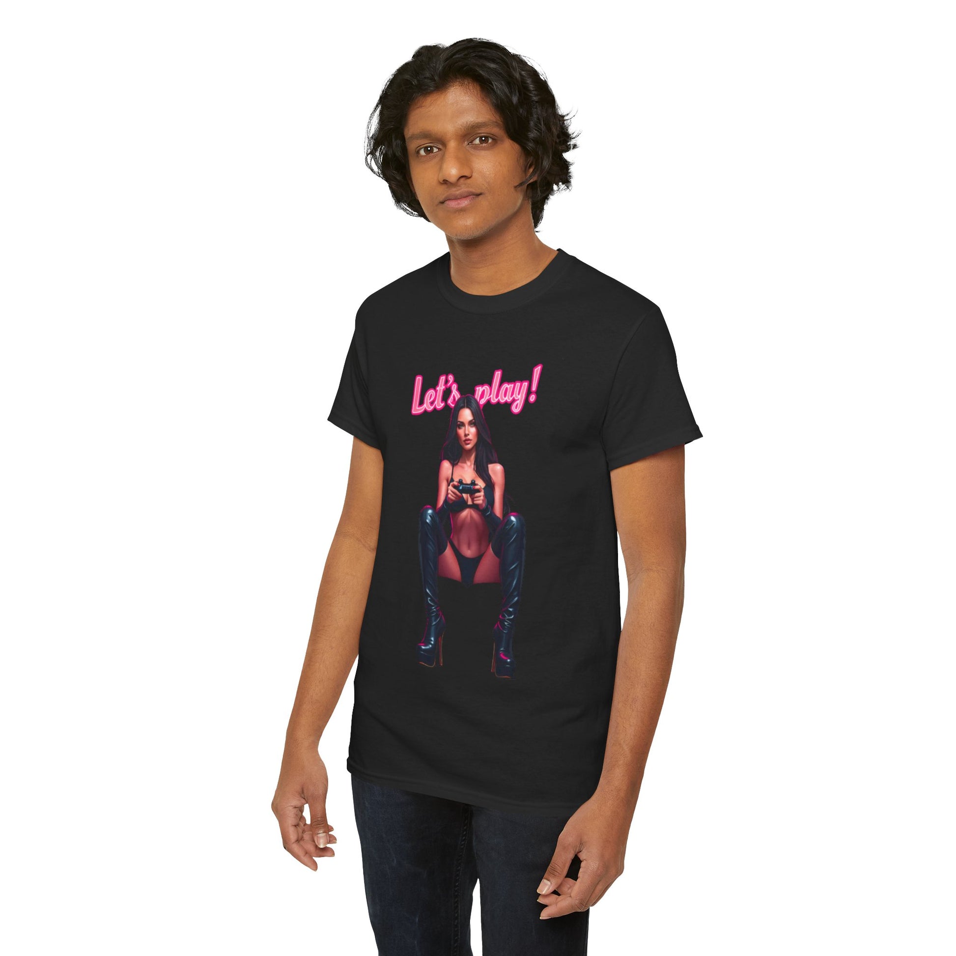 Charming unisex 'Let's Play' graphic tee showcasing a fashionable gamer ready for action, ideal for expressing individuality in modern gaming culture.