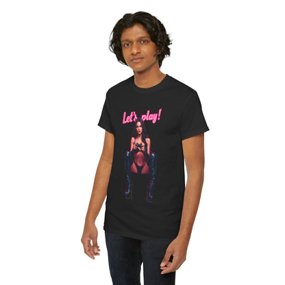 Charming unisex 'Let's Play' graphic tee showcasing a fashionable gamer ready for action, ideal for expressing individuality in modern gaming culture.