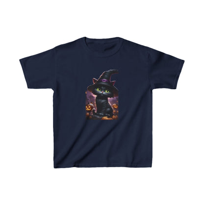 Kids Cute Kitten Halloween T-shirt featuring an adorable black kitten in a witch's hat, set against a backdrop of pumpkins, available in navy color - Heavy Cotton Tee by Dazzling Dreams.
