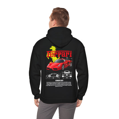 Man wearing a Ferrari Enzo hoodie, showcasing dynamic graphics on the back, ideal for car lovers and statement fashion.