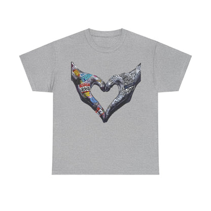 Elegant Love Graffiti Hands Tee in a sophisticated grey hue, displaying a striking graphic of two hands creating a heart, adorned with colourful street art, ideal for modern urban fashion.