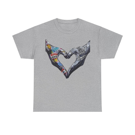 Elegant Love Graffiti Hands Tee in a sophisticated grey hue, displaying a striking graphic of two hands creating a heart, adorned with colourful street art, ideal for modern urban fashion.