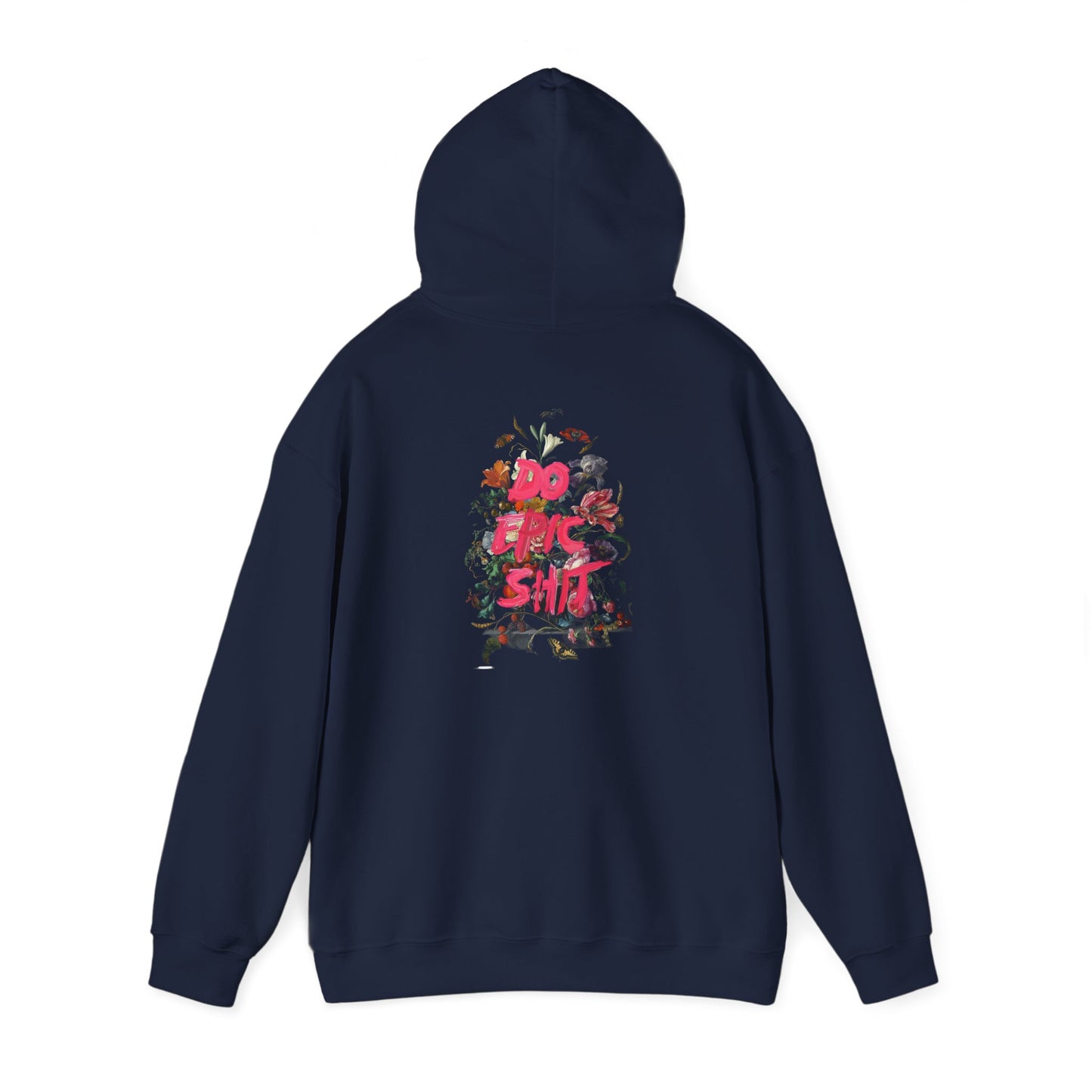 Back view of navy hoodie embellished with intricate floral details and bold lettering 'DO EPIC S**T', combining artistry with modern streetwear fashion.