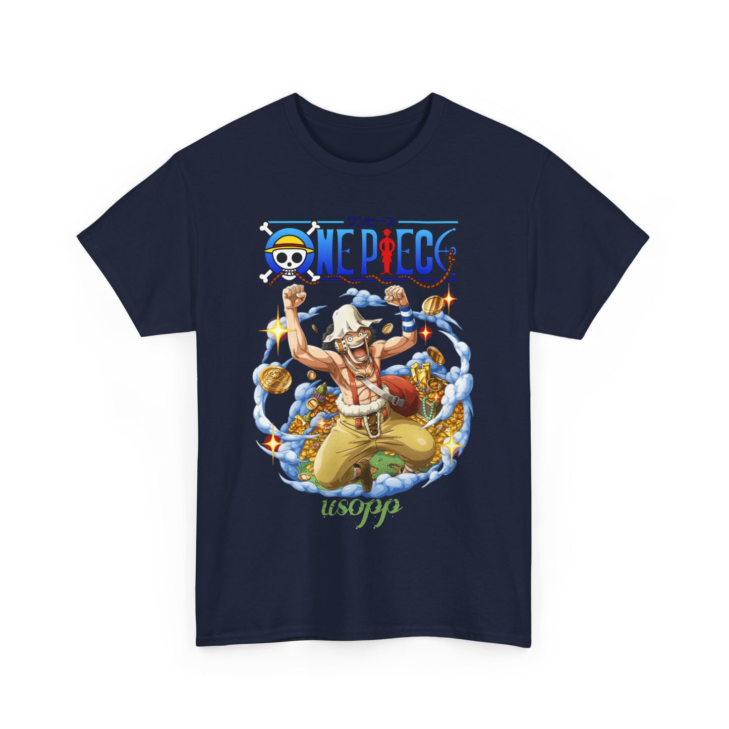 Stylish navy Usopp men's t-shirt from One Piece with vibrant, detailed artwork featuring Usopp amidst clouds and golden coins, perfect for anime enthusiasts.