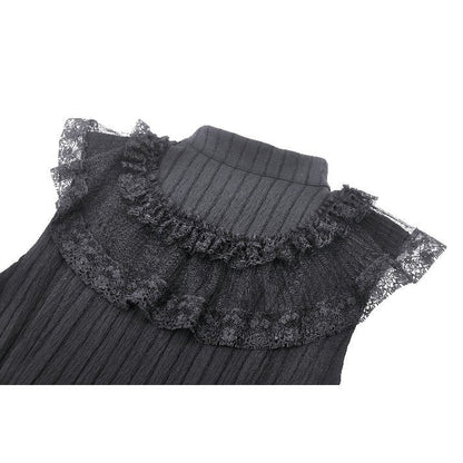 Close-up view of the gothic lace detailing and pinstripe textures on the Dark in Love sleeveless dress.