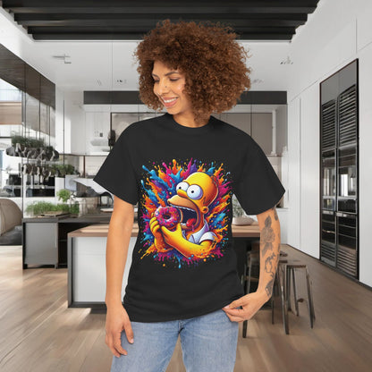 Simpsons Homer Donut Graphic T-Shirt in black worn by a model, highlighting Homer Simpson delightedly holding a colourful donut, suitable for trendy urban attire.