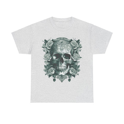 Skulls and Roses Cotton Tee displayed featuring an intricate steampunk skull design surrounded by roses, ideal for making a bold fashion statement.