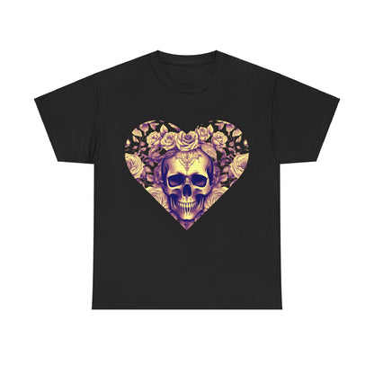 Skulls and Roses Cotton Tee in black, showcasing an elegant steampunk skull adorned with roses, ideal for creating a bold statement in style.