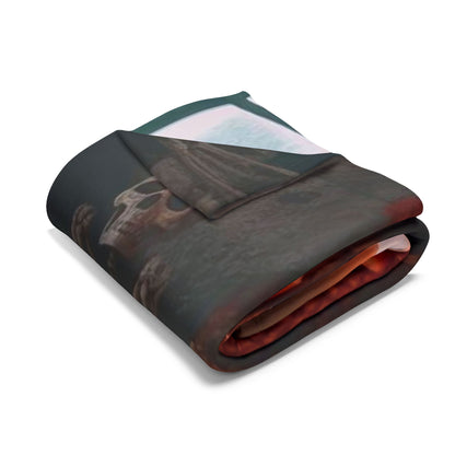 Luxurious Decorative and Warm Halloween Spooky Arctic Fleece Blanket, meticulously folded showcasing an eerie skull design, perfect for adding festive elegance to your Halloween decor.