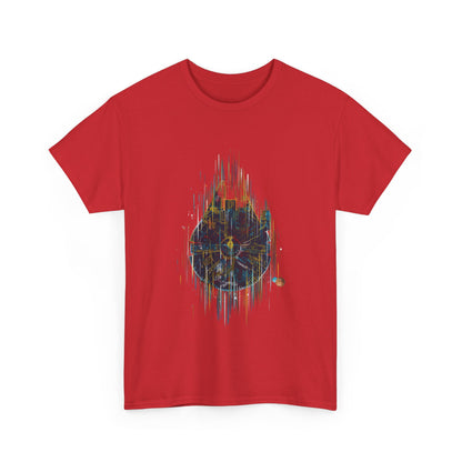 Front view of Millenium Falcon Abstract Art Graphic T-Shirt in bold red, featuring an artistic graphic design perfect for fashionable sci-fi fans.