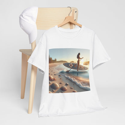 A luxurious Delightfull Paddle Board T-Shirt by Dazzling Dreams Studio featuring a stunning paddleboarding graphic, perfect for water sports enthusiasts.