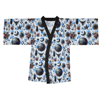 Elegant Floral Kimono Robe featuring a celestial motif, perfect for creating a luxurious lounging experience for women. Boho chic bathrobe design.