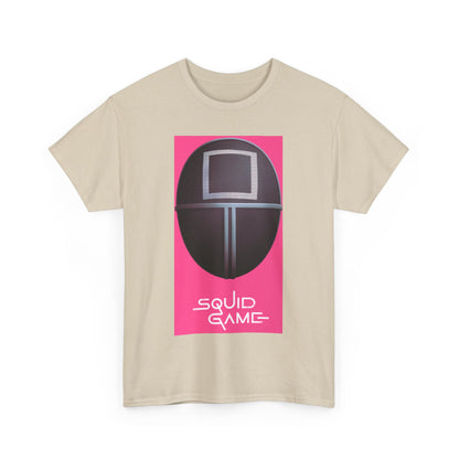 Luxury Squid Game Unisex Men’s Women’s Graphic Cotton Funny T-Shirt Tee in beige showcasing a bold graphic of a masked figure from the acclaimed series, ideal for urban stylish apparel.