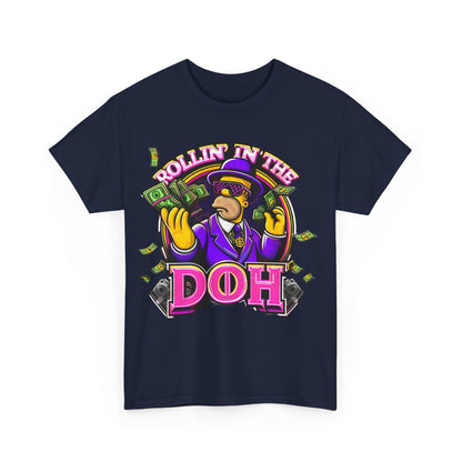 Homer Simpson Graphic Unisex T-Shirt in navy, showcasing a lively graphic with the phrase 'Rollin' in the DOH', an ideal choice for fans looking to elevate their casual wardrobe.