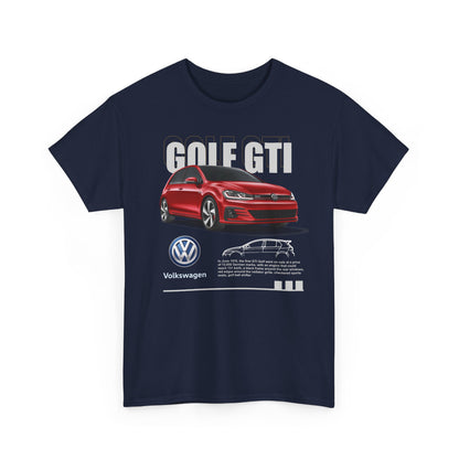 Front view of an elegant navy men's t-shirt featuring a striking Golf GTI graphic, with the car image and Volkswagen logo prominently displayed.