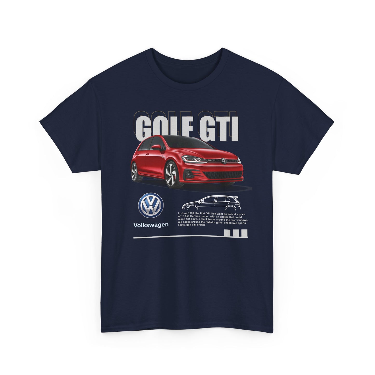 Striking navy blue men's t-shirt featuring a bold Golf GTI graphic, celebrating the iconic car's legacy with premium fabric and stylish design.