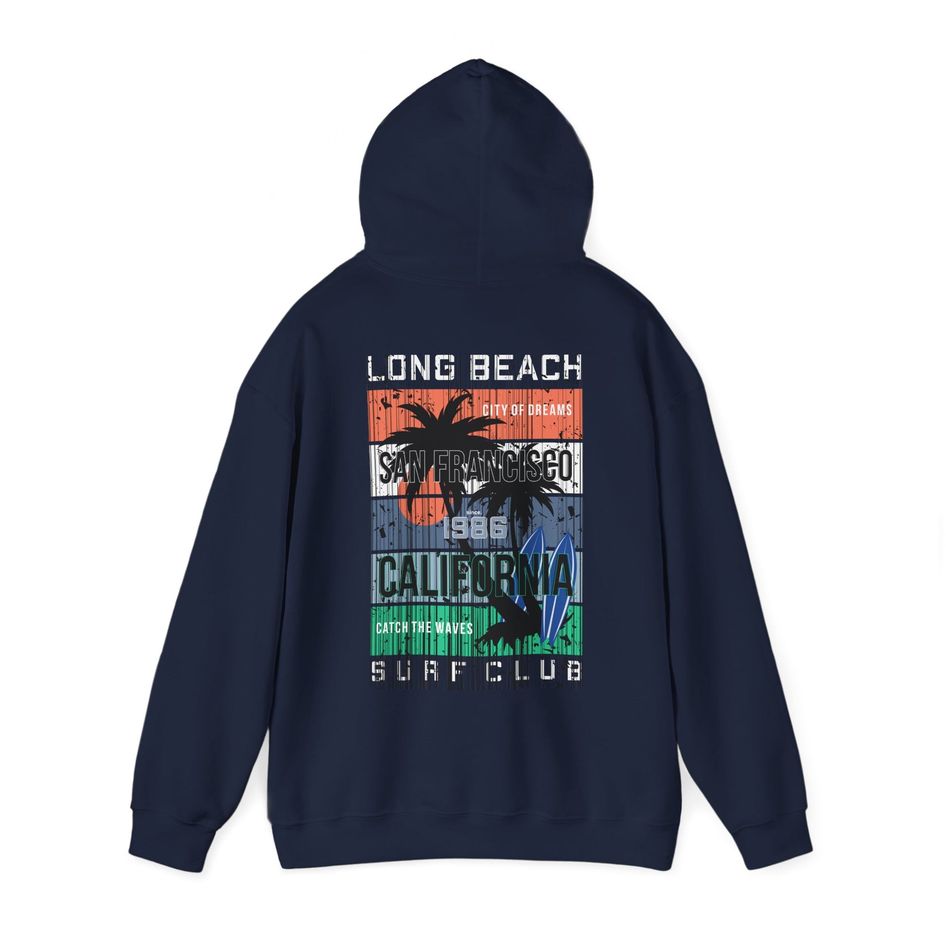 Sophisticated navy hoodie featuring a dynamic San Francisco surf graphic on the back, a testament to luxury casual wear.
