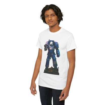 Sophisticated male model in a graphic cotton T-shirt with a captivating sci-fi design, exuding casual elegance and style.