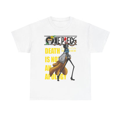 Luxury white graphic t-shirt featuring a striking design from One Piece, depicting a character with a vibrant yellow text reading 'Death is not an apology', ideal for discerning anime fans.