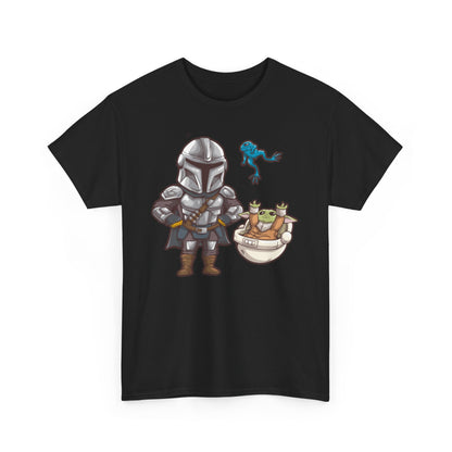 Star Wars Mandalorian the Child Graphic T-Shirt featuring an adorable illustration of Grogu in a carrier alongside the Mandalorian in detailed armour, perfect for fans seeking a touch of whimsy.