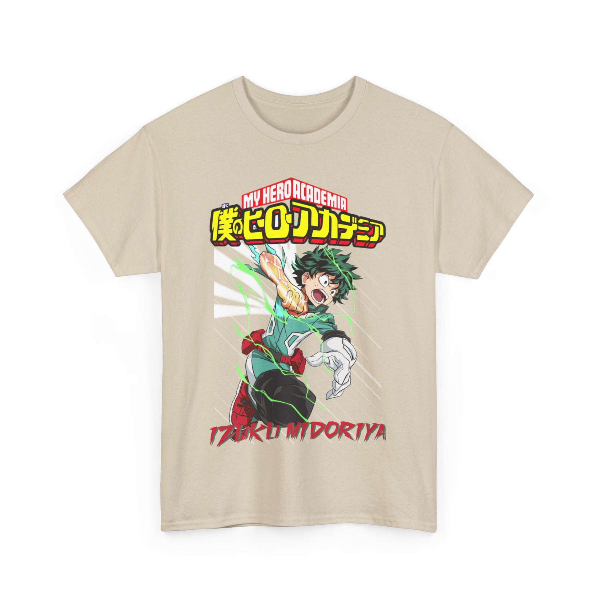 Luxurious Izuku Midoriya T-Shirt in a neutral tone, featuring striking graphic design, ideal for fashion-forward anime fans.