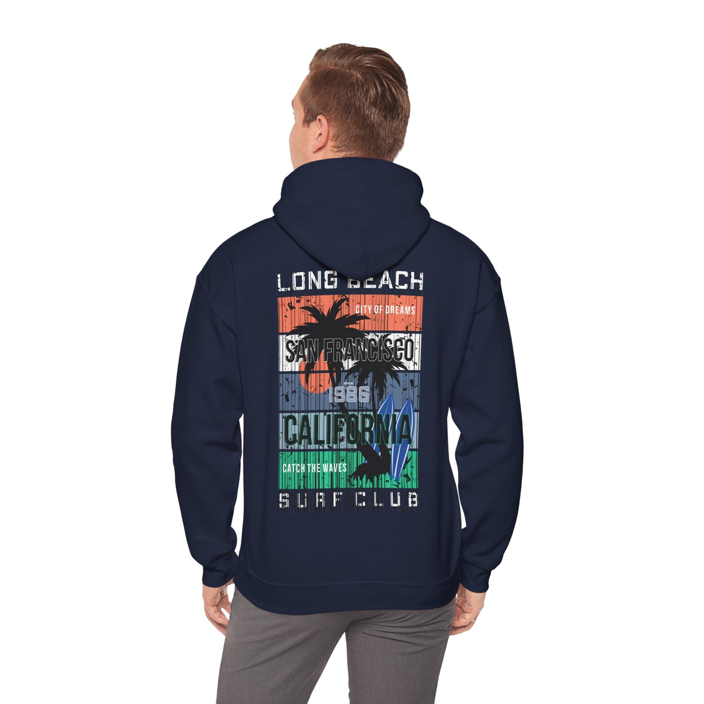 Luxury urban hoodie featuring a San Francisco surf design, showcasing vibrant colours with palm tree silhouettes and bold typography on the back. Ideal for those embracing the California lifestyle.