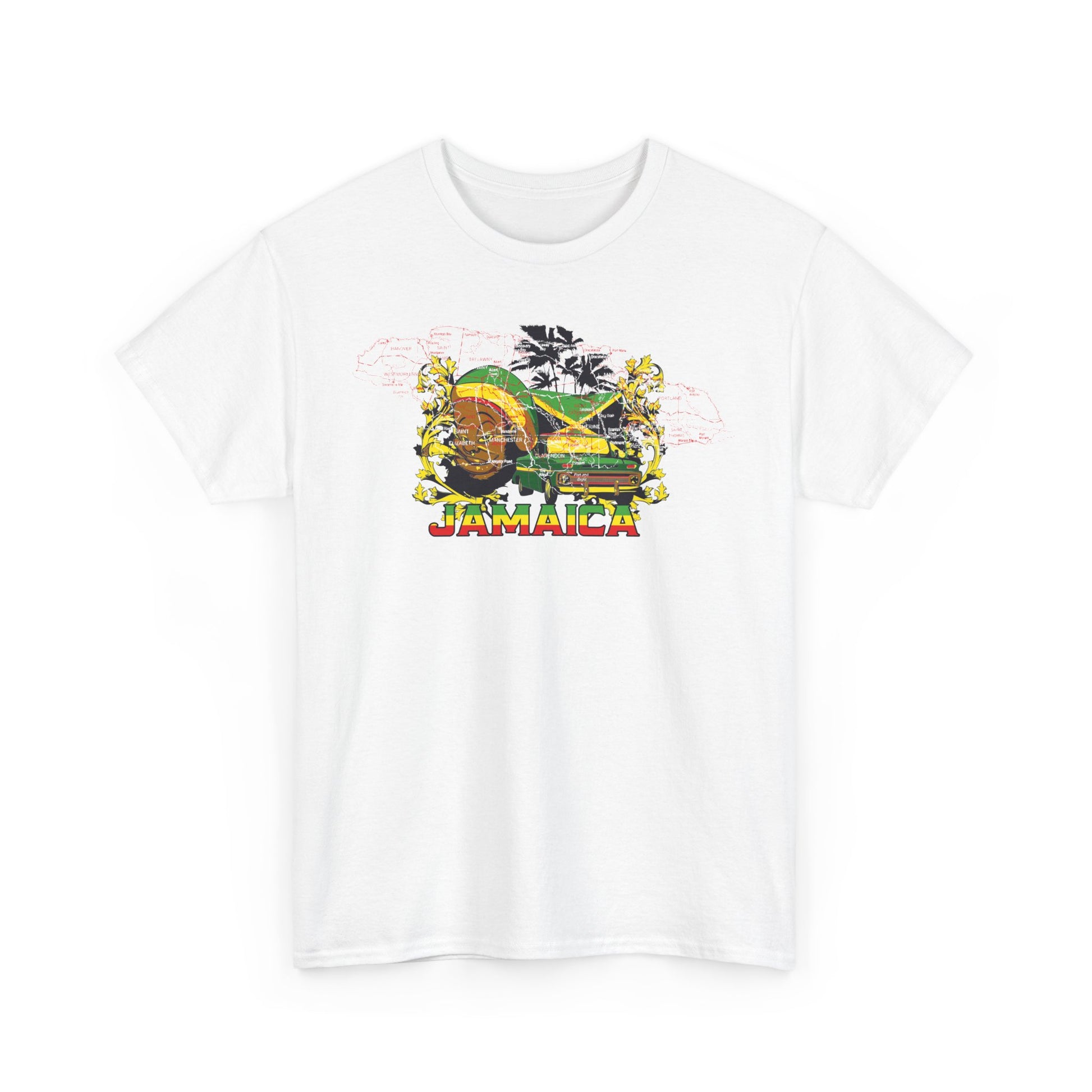 Luxurious Jamaica graphic t-shirt for men featuring a tropical design with vibrant colours and intricate detailing, perfect for showcasing island pride.