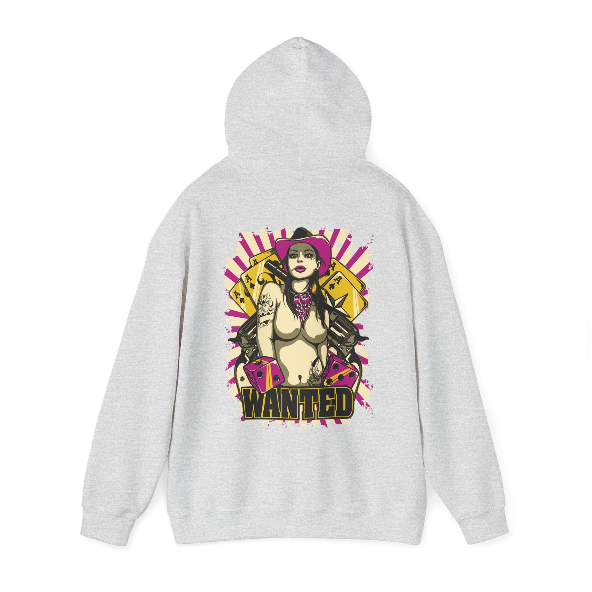 Luxury back view of the WANTED hoodie featuring a striking graphic of a confident female character with playing cards and dice, set against a vibrant pink and purple design.