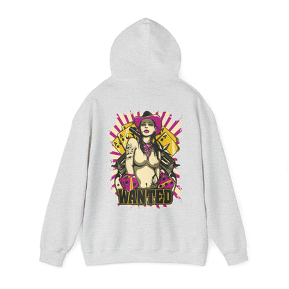 Luxury back view of the WANTED hoodie featuring a striking graphic of a confident female character with playing cards and dice, set against a vibrant pink and purple design.