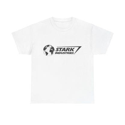 Elegant Iron Man Stark Industries Logo Graphic Unisex Tee Shirt in pristine white, featuring a striking globe logo and the prominent 'STARK INDUSTRIES' lettering, ideal for a luxurious casual look.