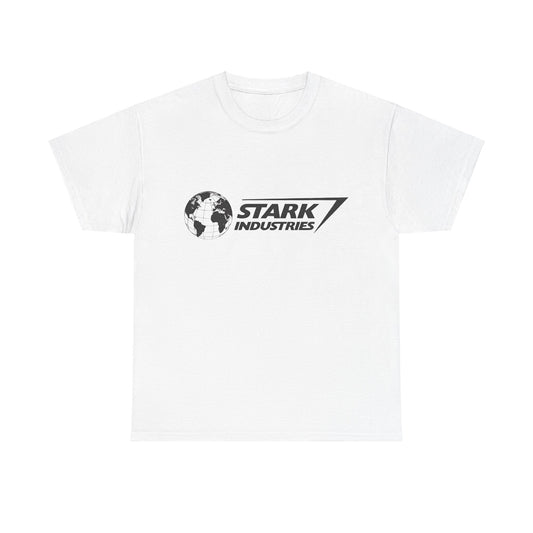 Elegant Iron Man Stark Industries Logo Graphic Unisex Tee Shirt in pristine white, featuring a striking globe logo and the prominent 'STARK INDUSTRIES' lettering, ideal for a luxurious casual look.