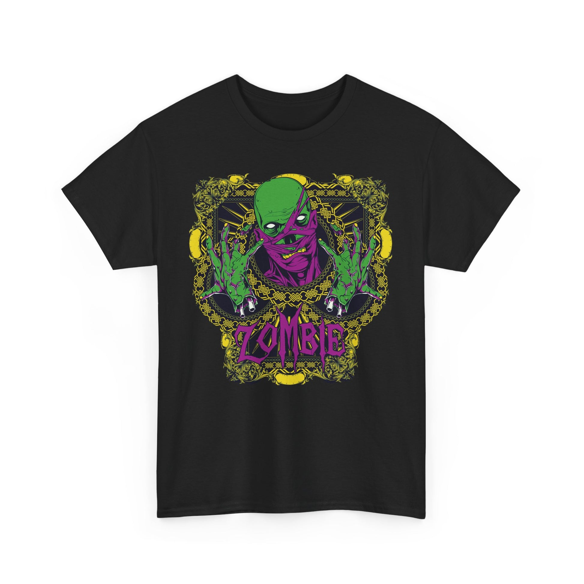 Elegant black men's T-shirt featuring a striking zombie graphic design, showcasing bold green and purple details against a black background, ideal for horror and fantasy enthusiasts.