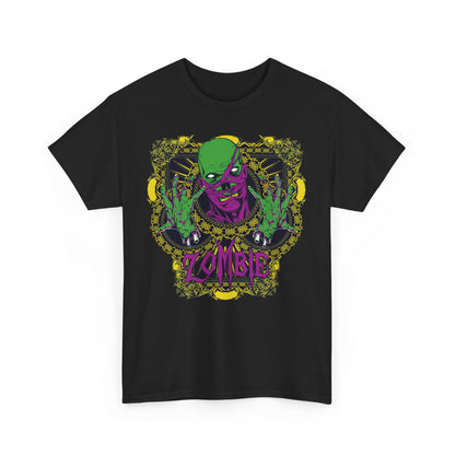 Elegant black men's T-shirt featuring a striking zombie graphic design, showcasing bold green and purple details against a black background, ideal for horror and fantasy enthusiasts.