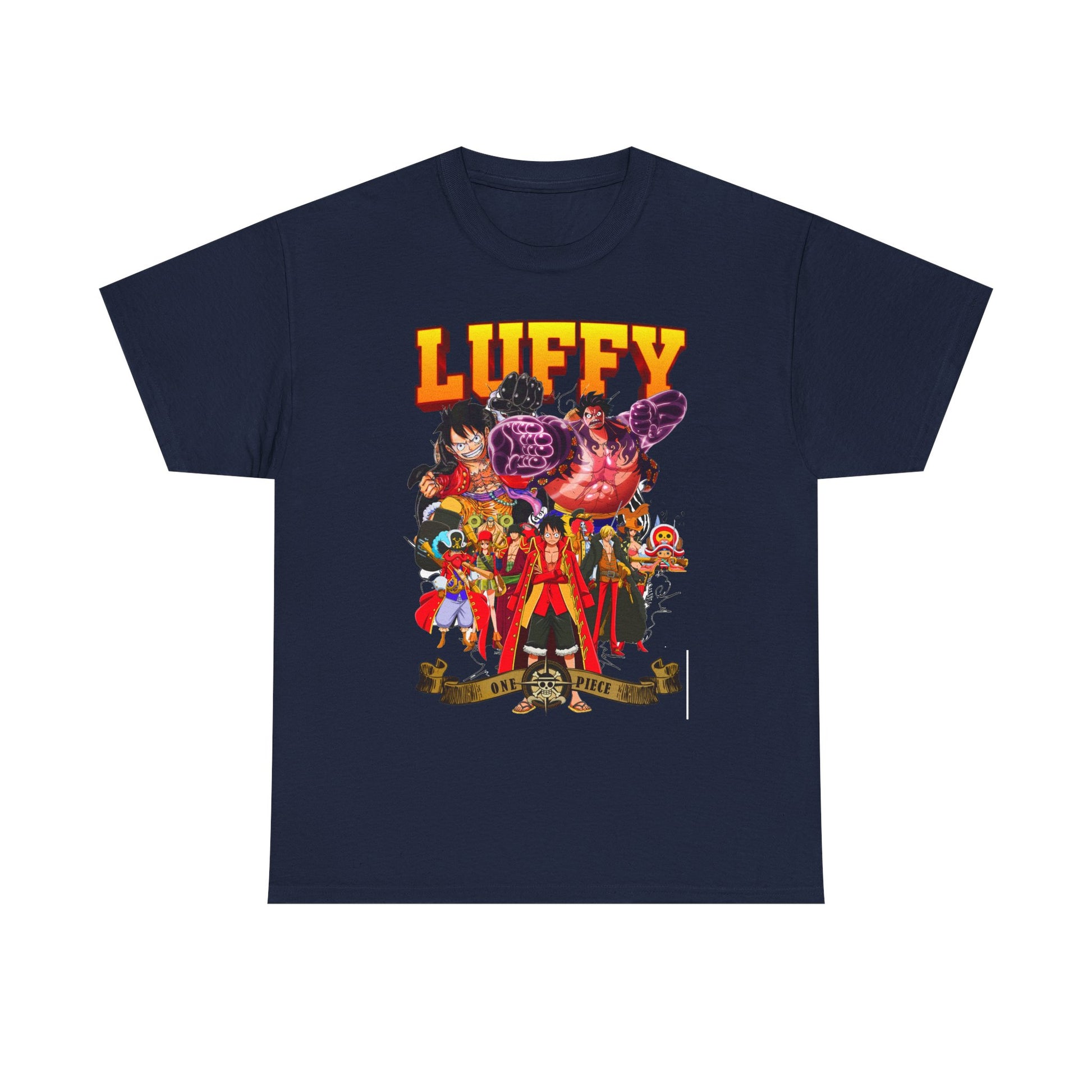 Sophisticated navy t-shirt featuring a dynamic illustration of Luffy from One Piece, a distinctive choice for anime enthusiasts.