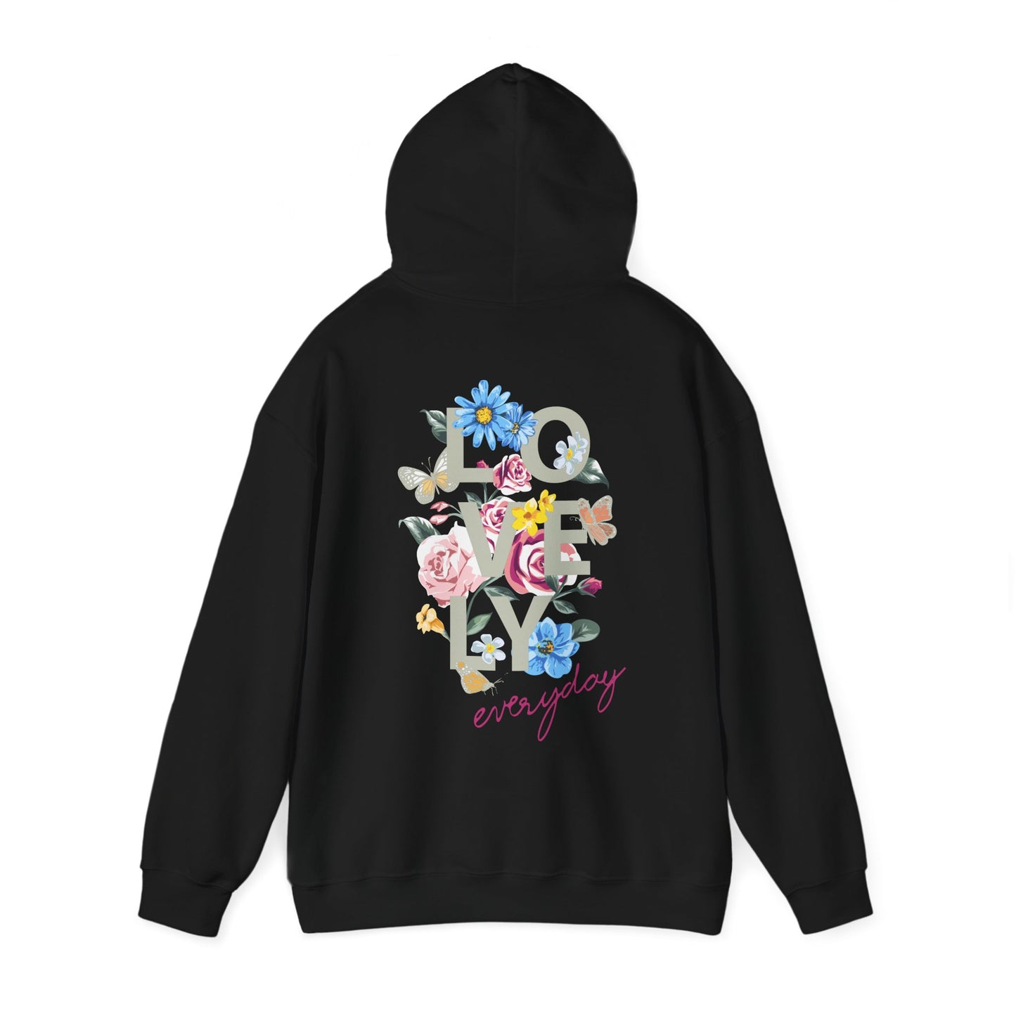 Stylish black hoodie featuring a vibrant floral graphic design on the back with the word 'LOVELY' and 'everyday' in elegant typography.