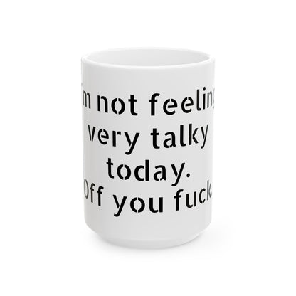 Inappropriate Slogan Ceramic Mug displaying a cheeky F-word design, perfect for funny office moments and adult humour.