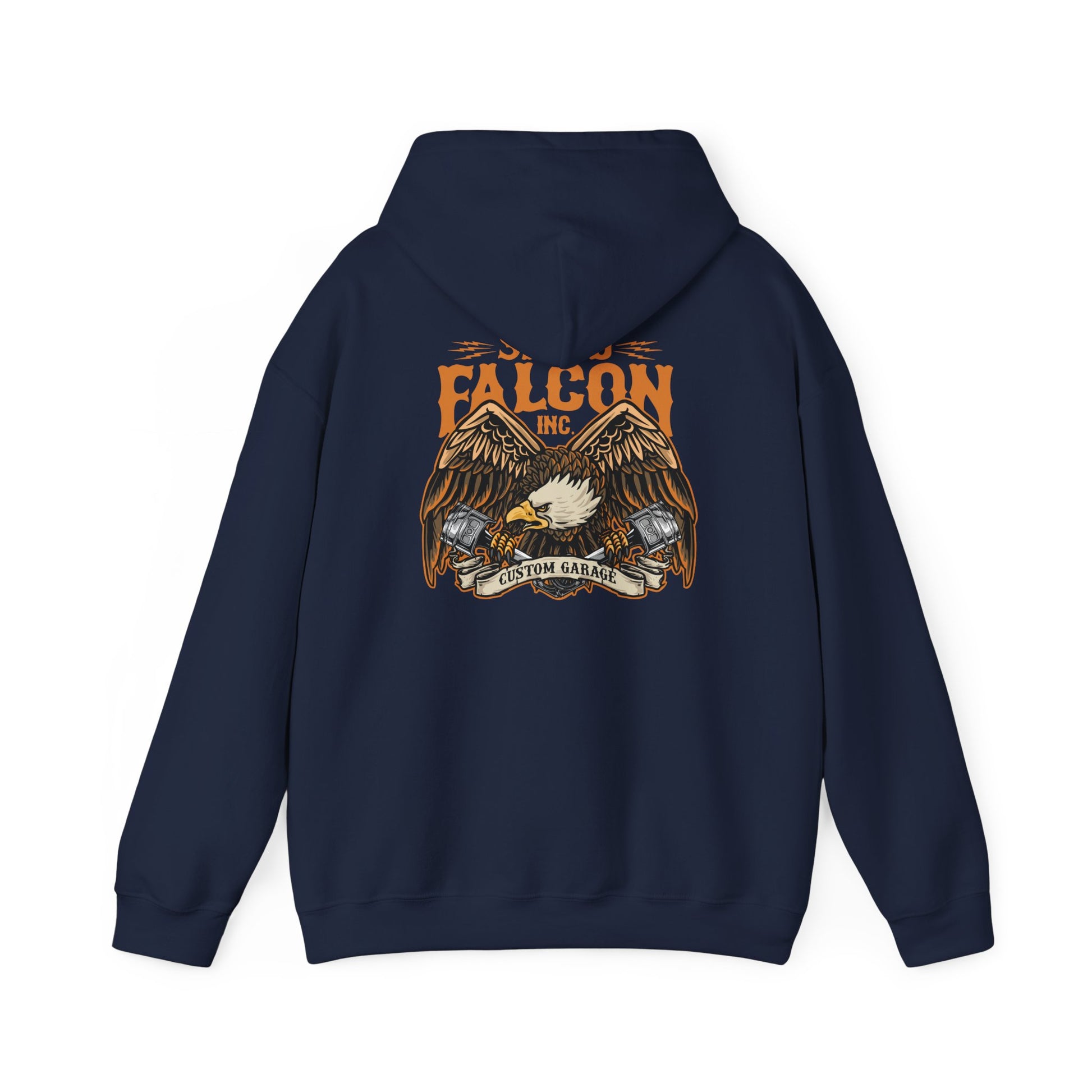 Elegant navy hoodie featuring a striking eagle graphic and intricate tattoo-inspired design on the back, perfect for automotive enthusiasts.