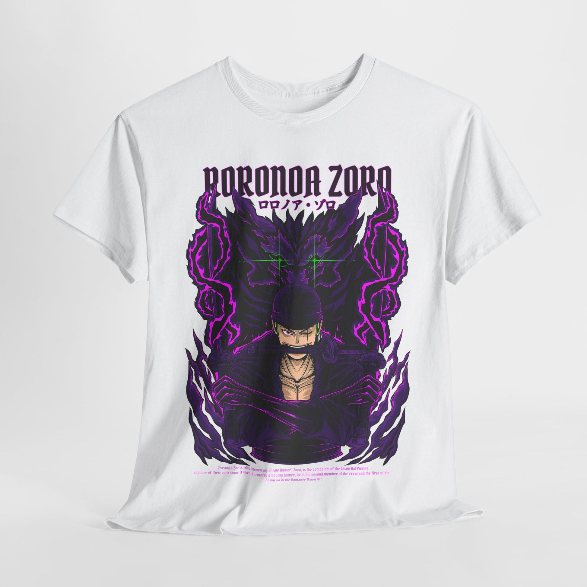 Elegant display of Roronoa Zoro graphic tee with a bold illustration, embodying dynamic artistry and premium quality, ideal for making a statement in casual or convention settings.