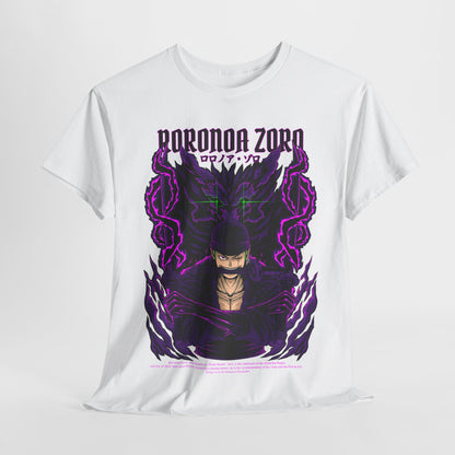 Elegant display of Roronoa Zoro graphic tee with a bold illustration, embodying dynamic artistry and premium quality, ideal for making a statement in casual or convention settings.